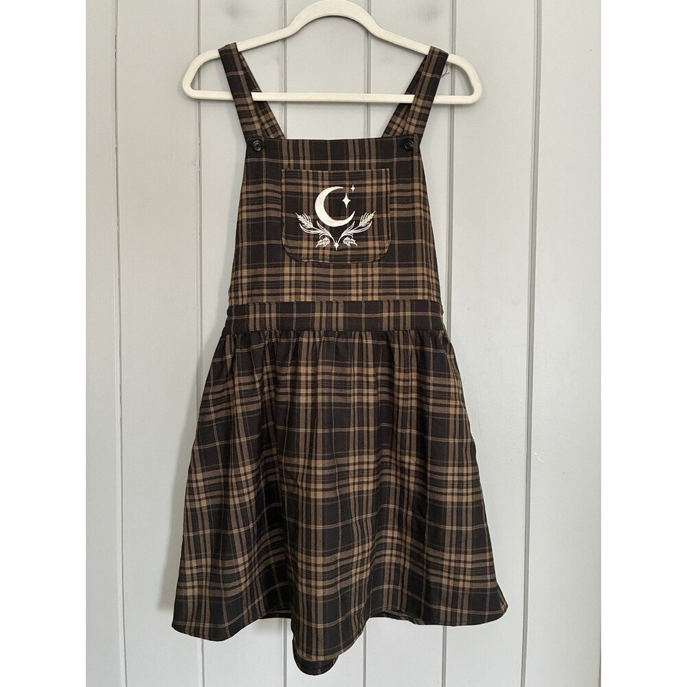 Disturbia Artume Embroidered Check Mini Pinafore Dress 8 Brown Plaid Pockets